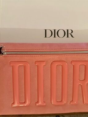 Dior Coral Pink Embossed Logo Zip Cosmetic Pouch